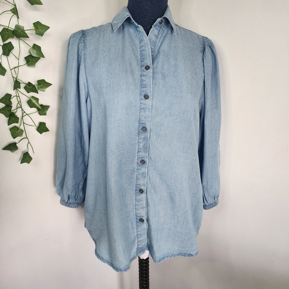 Beachlunchlounge Chambray Button Down Shirt Balloon Sleeves